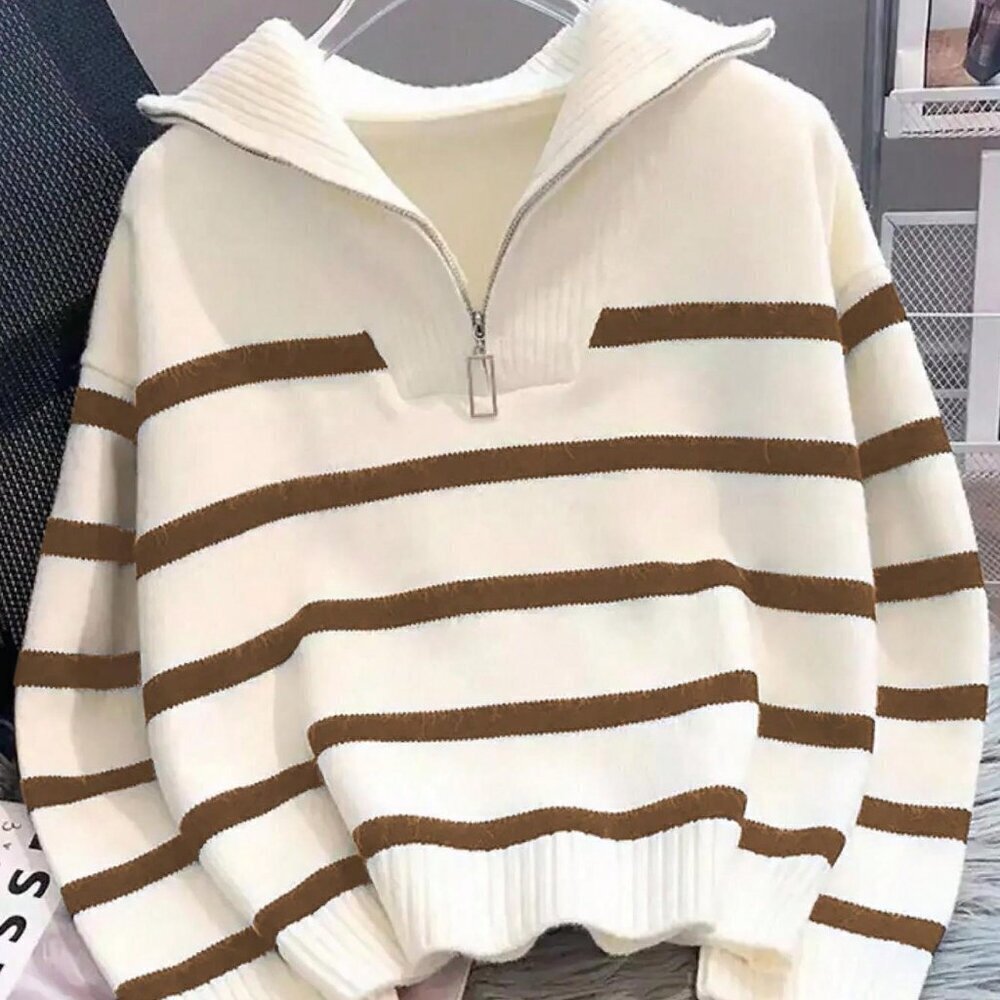 Brown Classic Women's Striped Zipper Turtleneck Sweater
